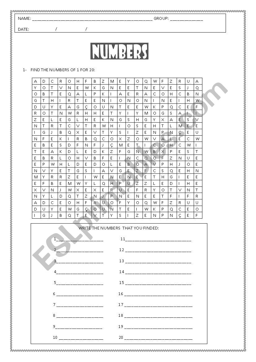 NUMBERS SEARCHWORDS worksheet