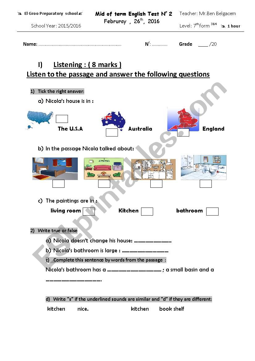 Mid of term test worksheet