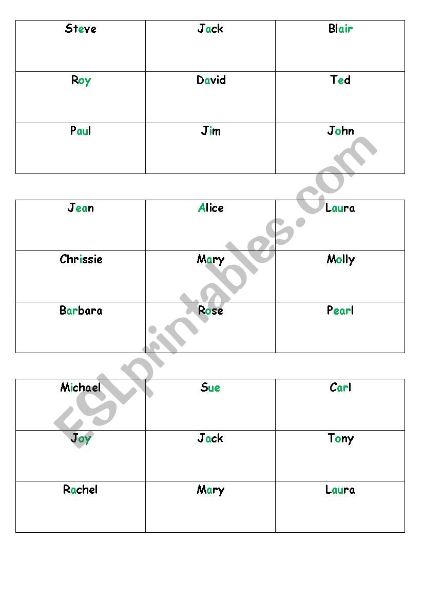 bingo cards worksheet