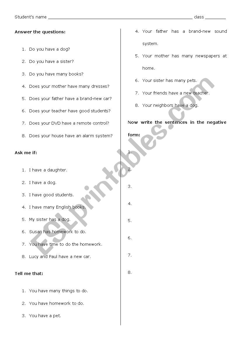 Using the verbo to have worksheet