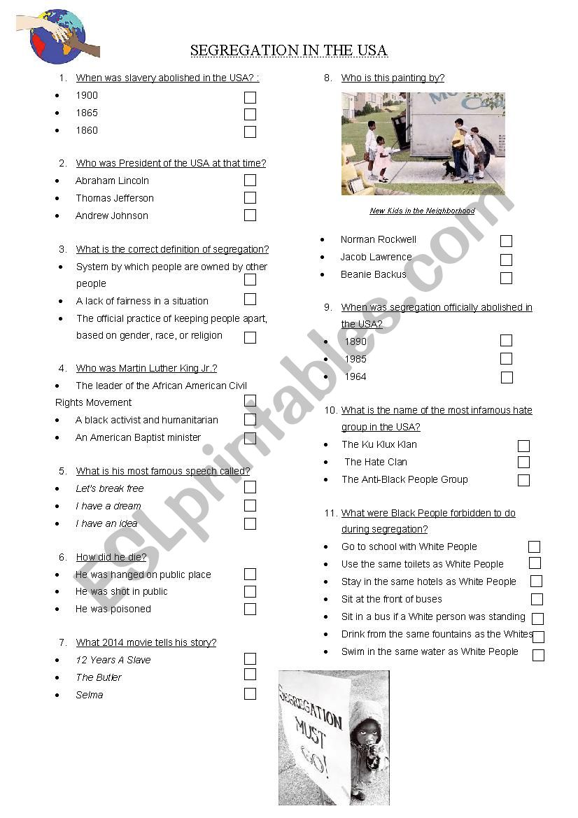 Segregation in the USA QUIZ worksheet