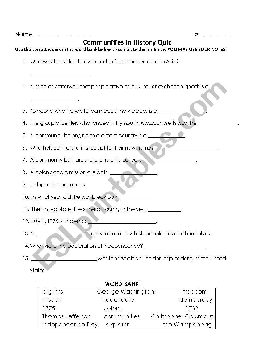 Communities in History Quiz worksheet