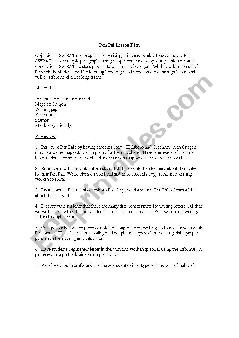 pen pal worksheet