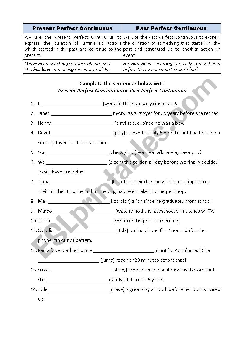 Present Perfect Continuous X Past Perfect Continuous
