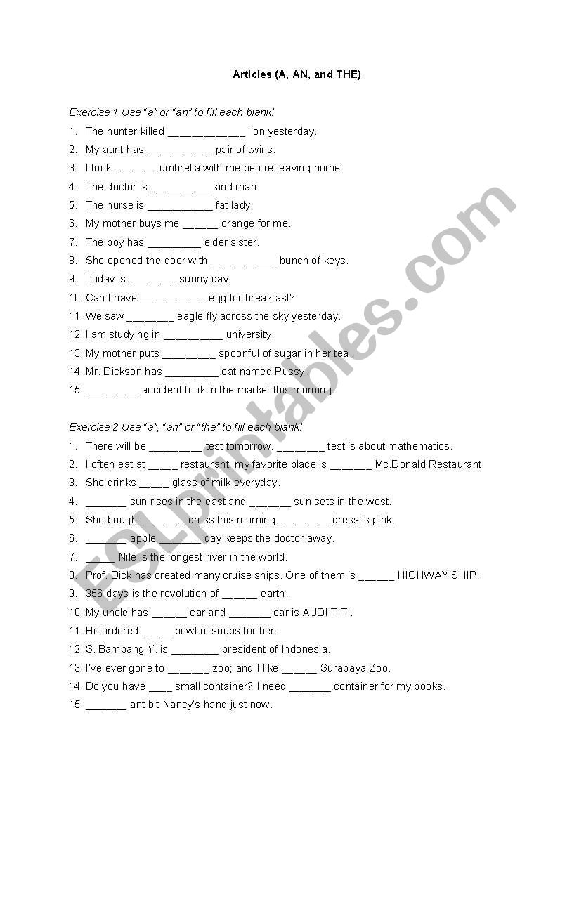 Articles worksheet