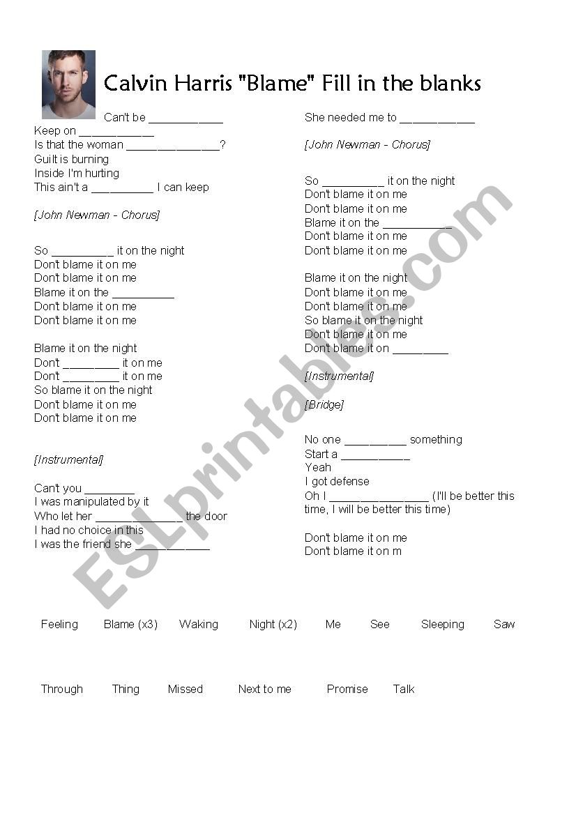 Blame Lyrics worksheet