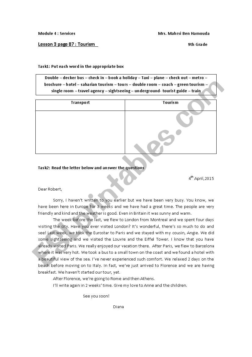 tourism worksheet