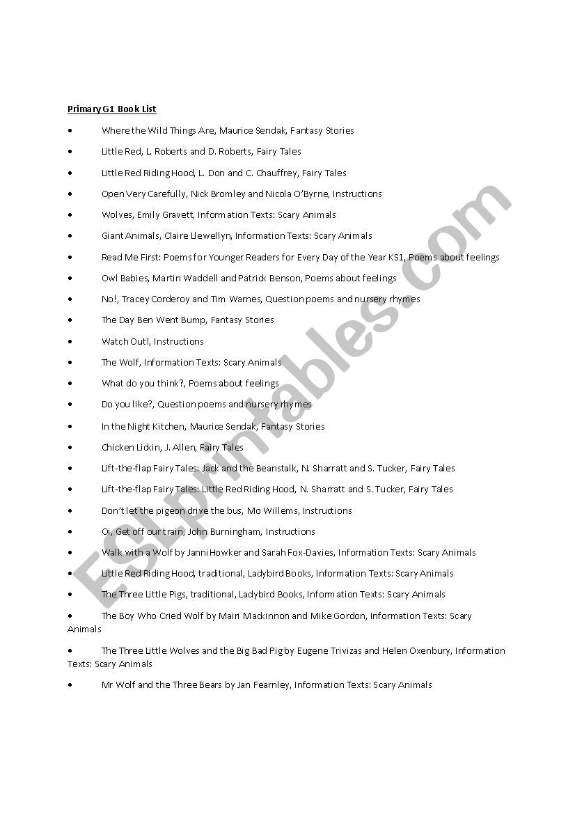 primary book list  worksheet