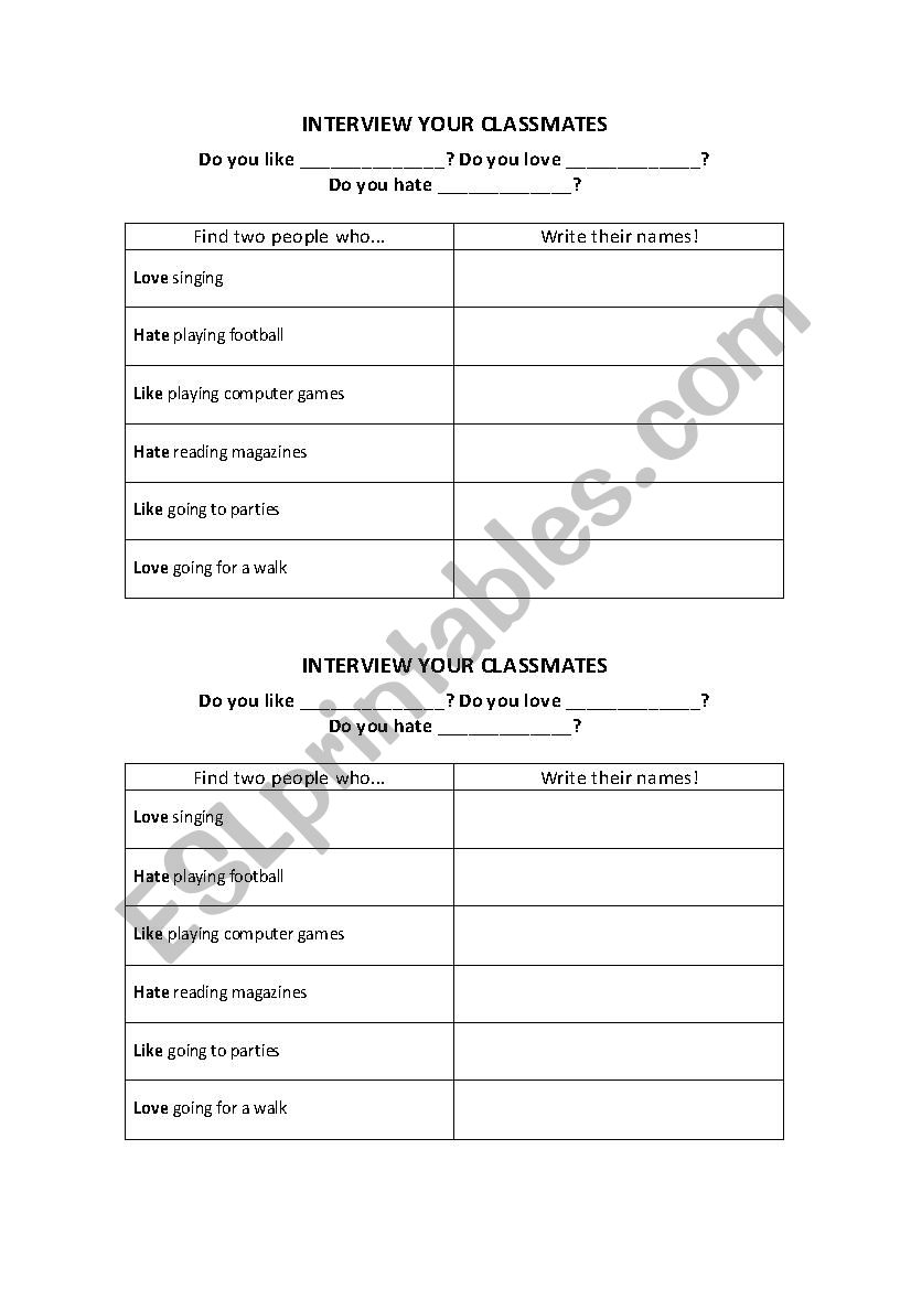 Likes & Dislikes Interview worksheet