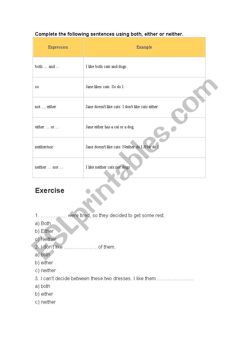 Both, neither, nor worksheet