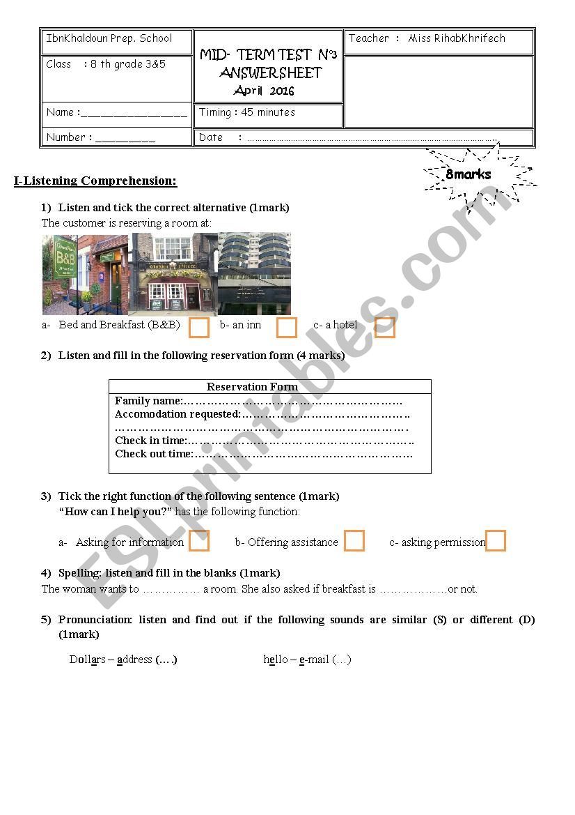 8th grade mid-term test 3 Answer sheet 