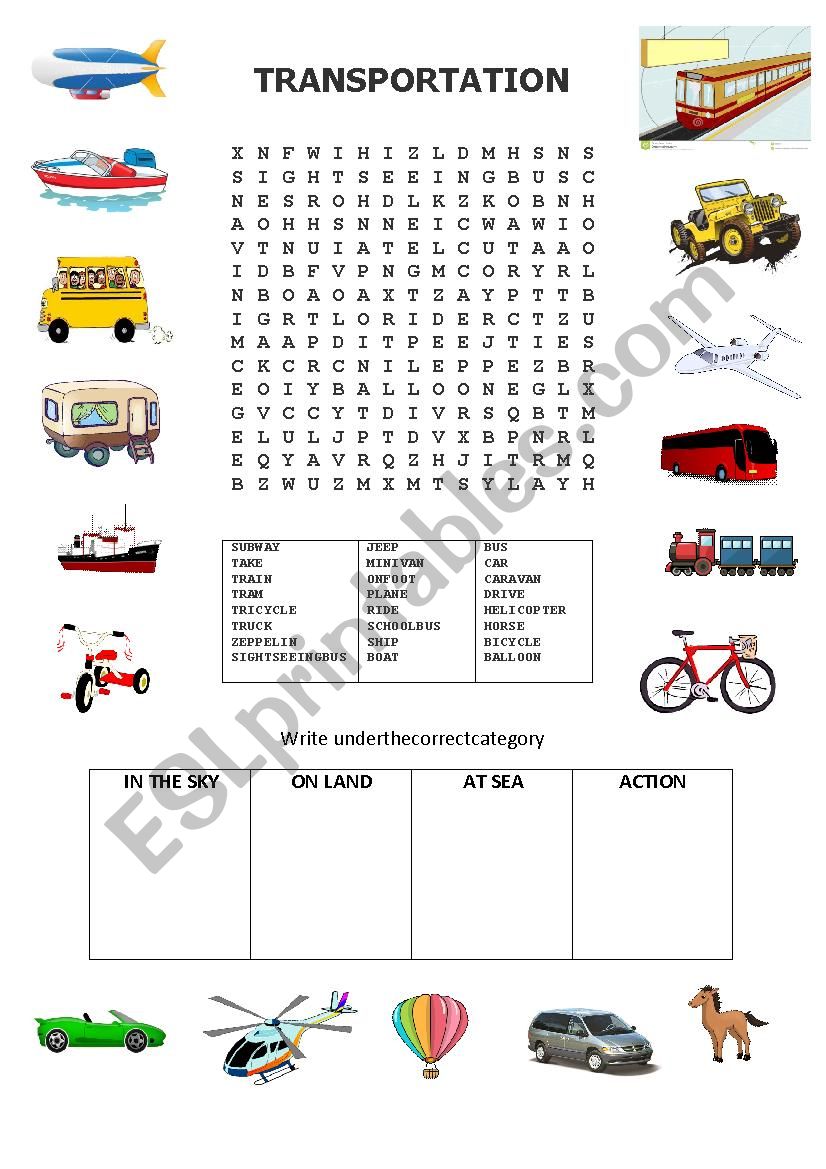 Transports word search worksheet