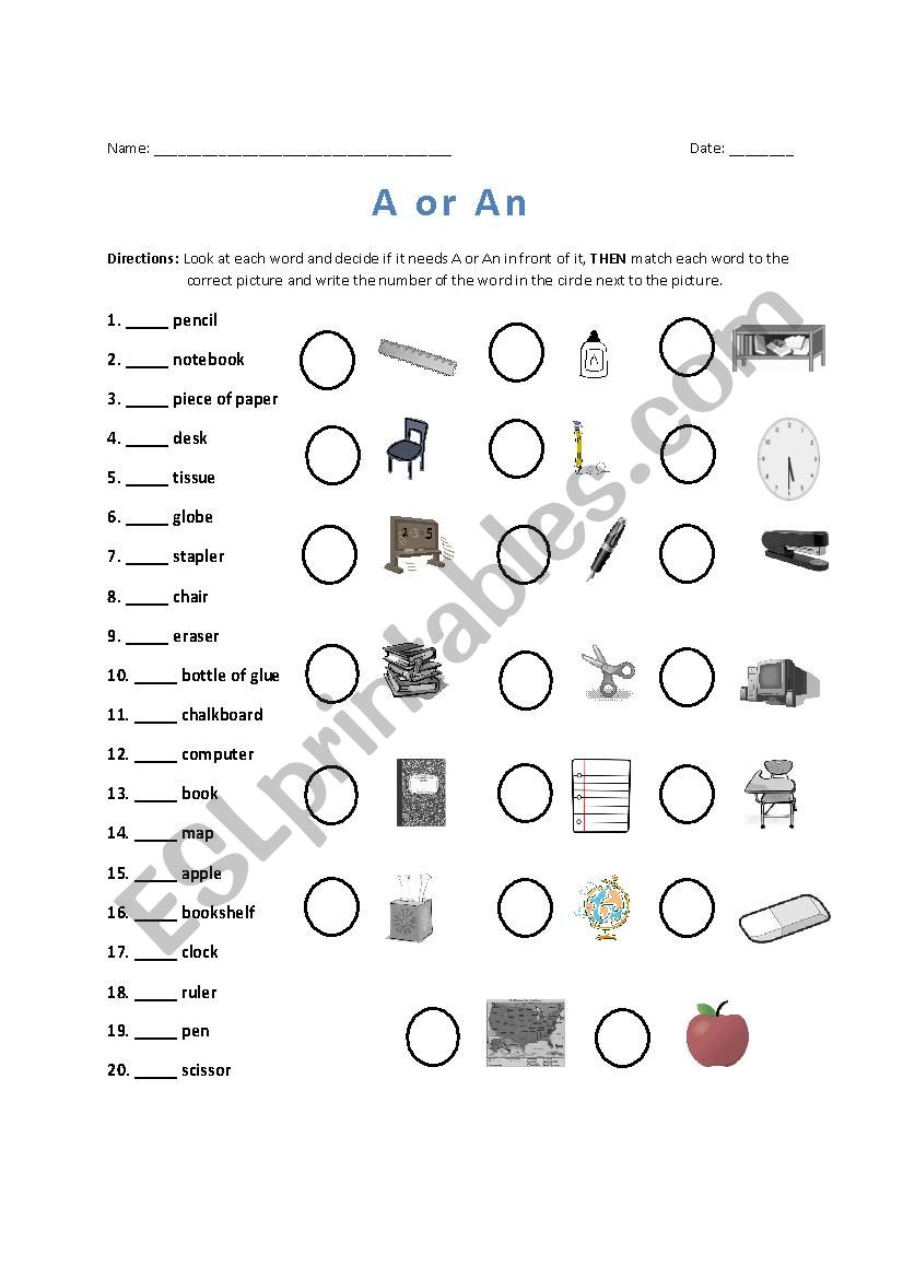 A or An-School Tools  worksheet
