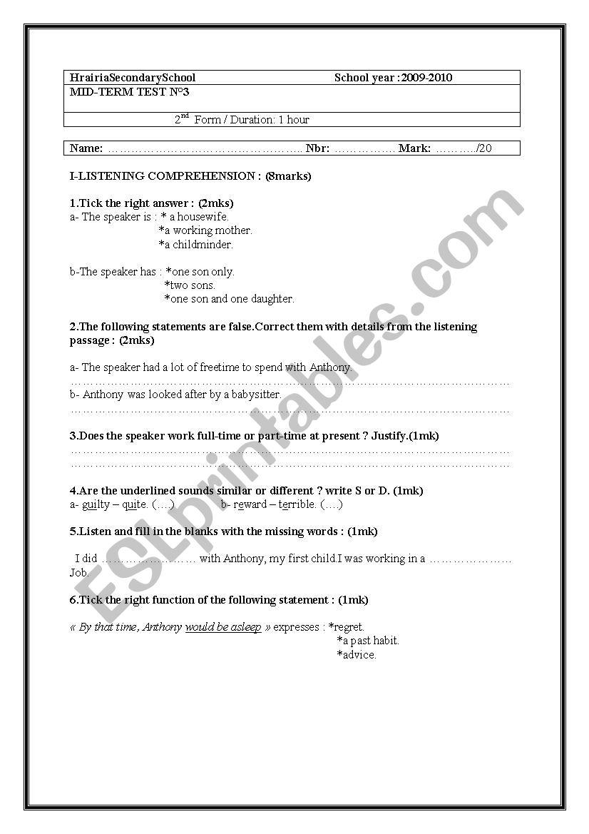 mid term test n3 2nd form worksheet