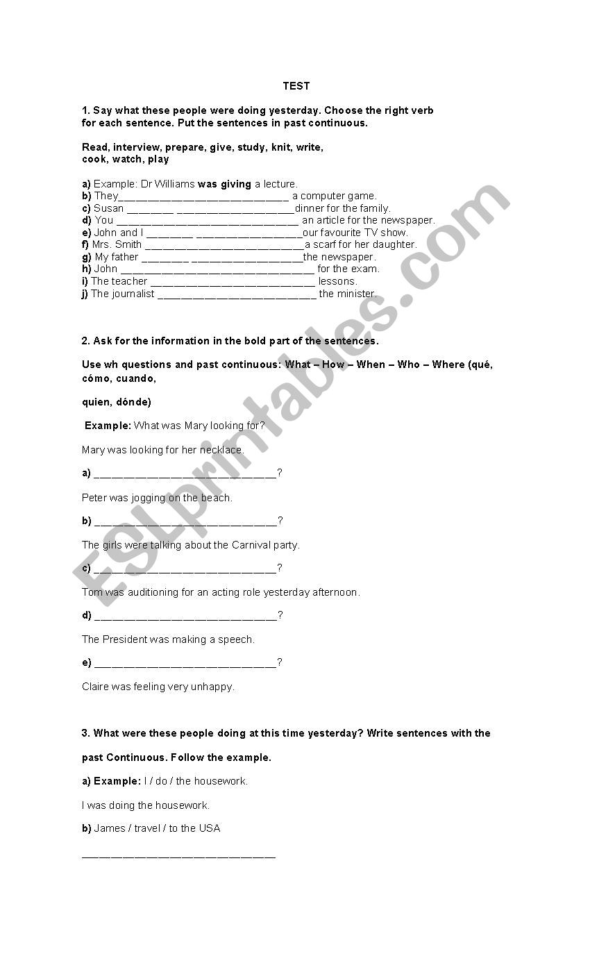 Test past continuous, have or has, present perfect simple,  