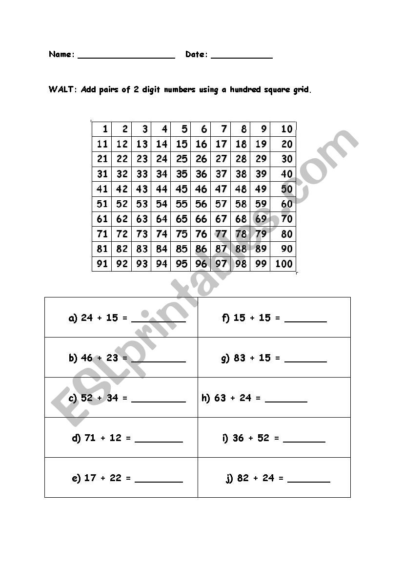 2 digit addition using 100 square grid MA - ESL worksheet by sam1104