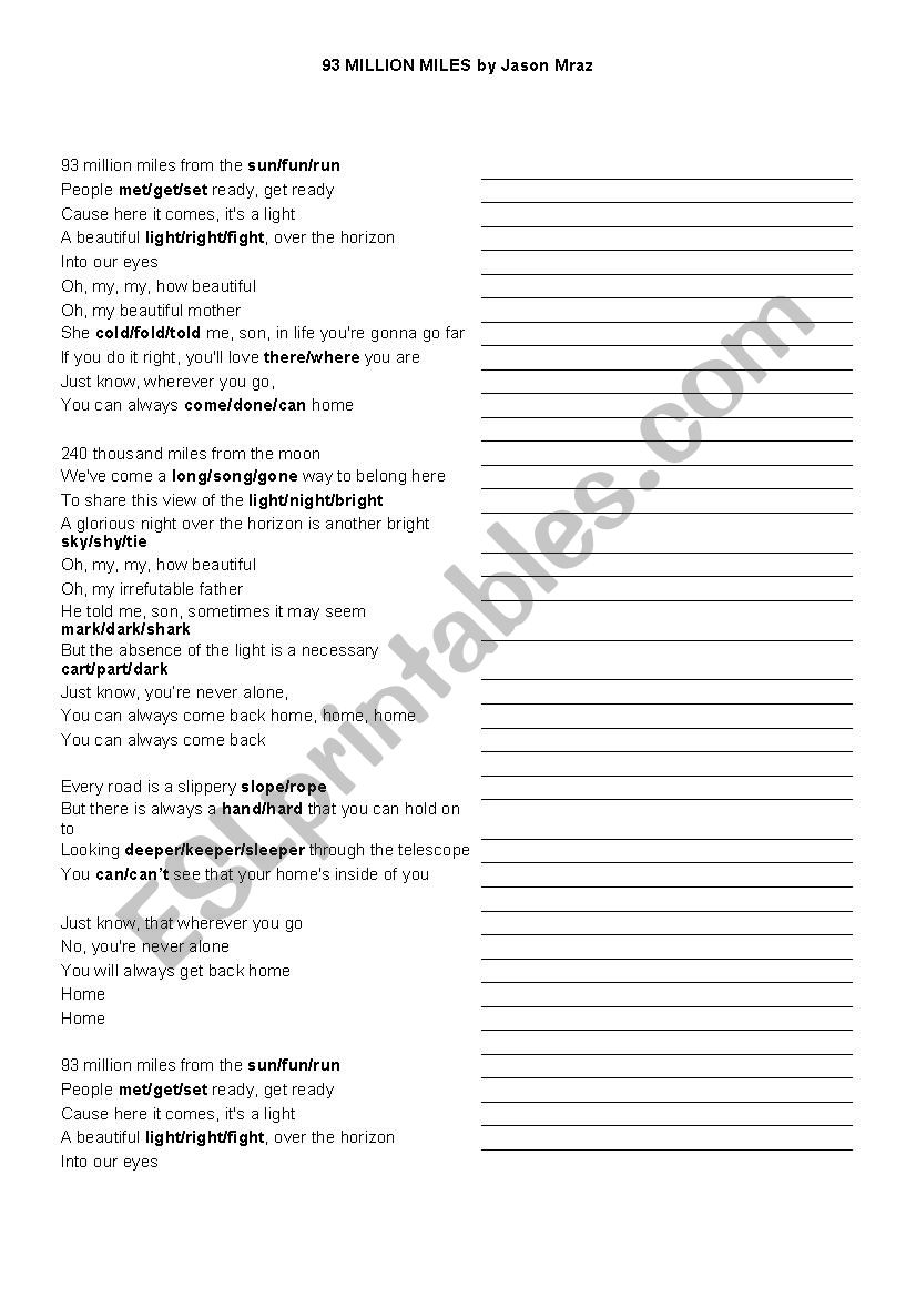 93 million miles worksheet