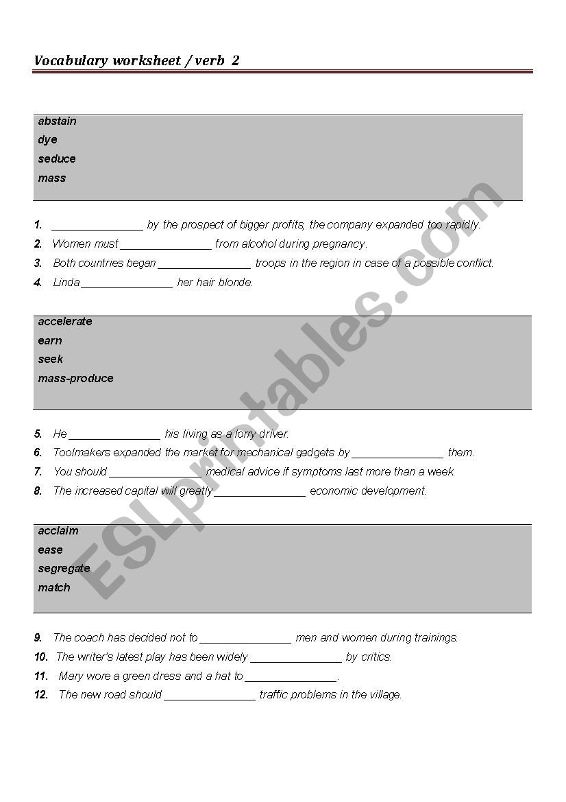 Vocabulary - verb worksheet