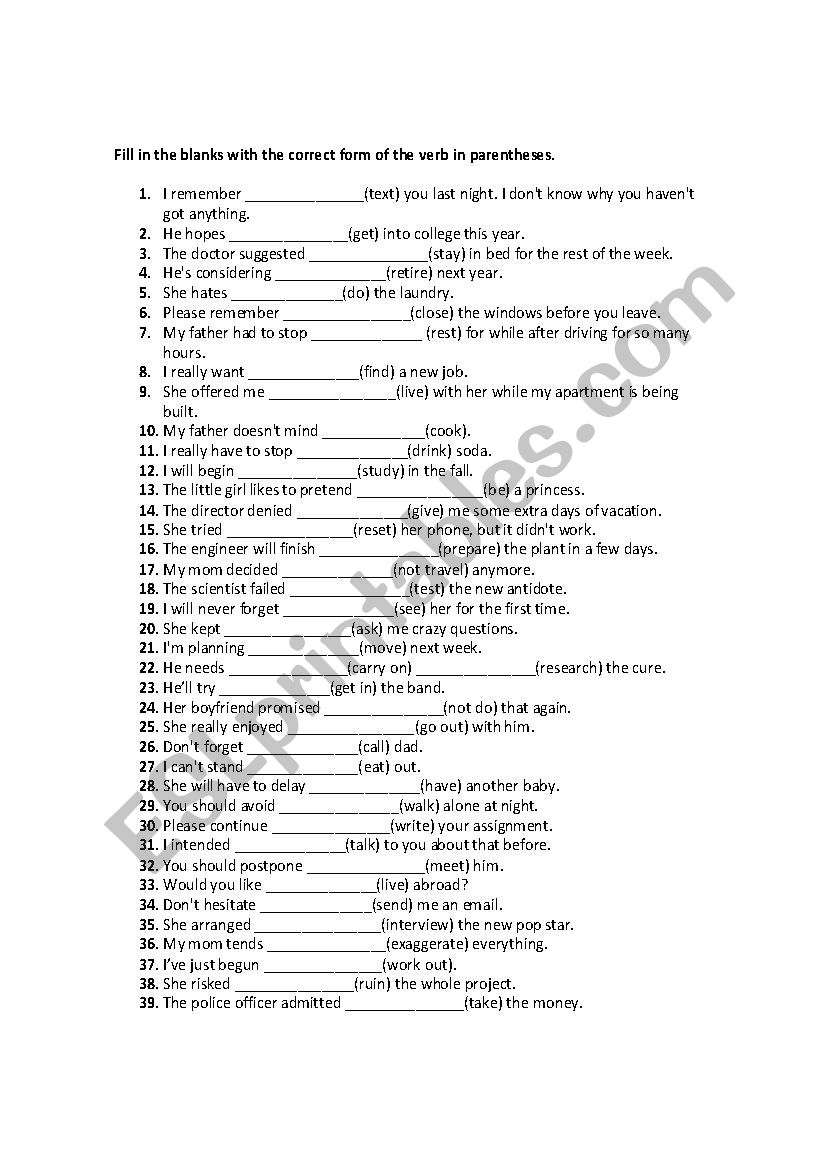 Verb Patterns  worksheet