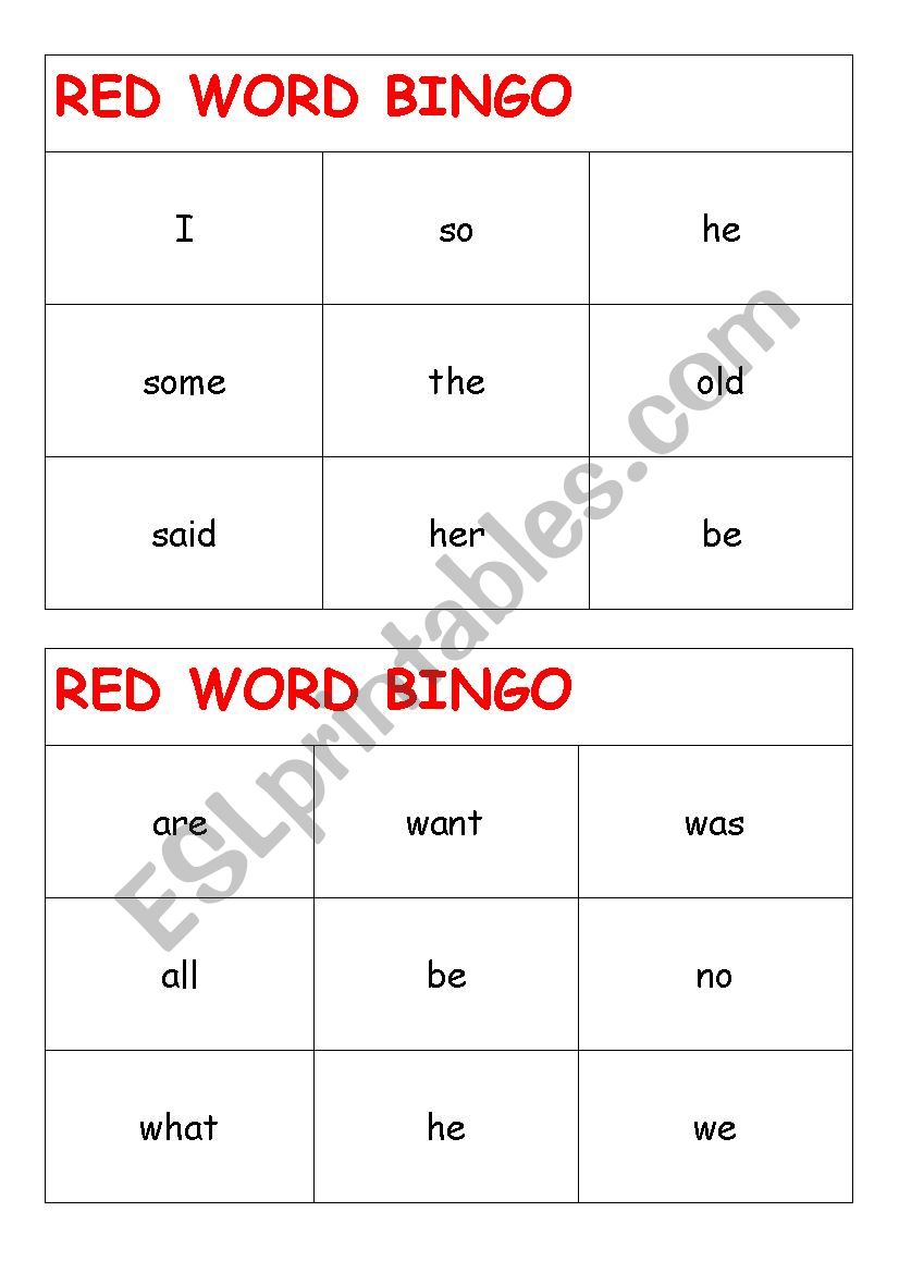 RED WORD BINGO worksheet