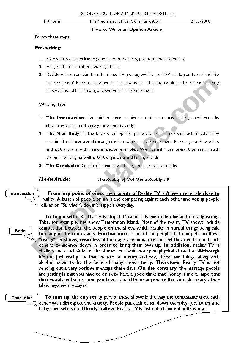Opinion article worksheet