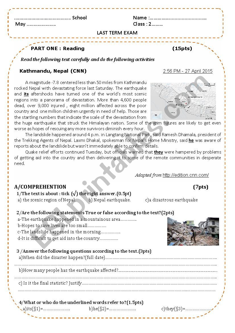 nepal earthquake  worksheet