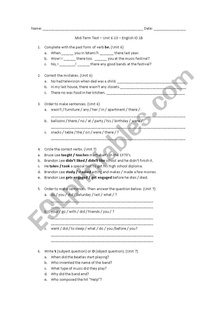 Midterm Basic Test B worksheet