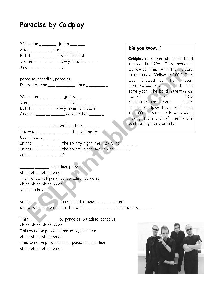 Coldplay Paradise SONG worksheet