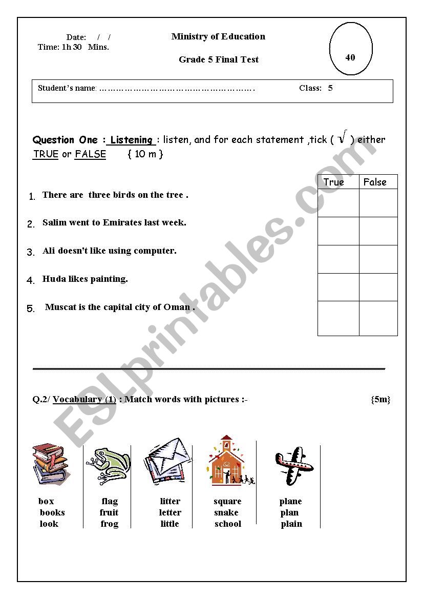 grade 5 final test worksheet