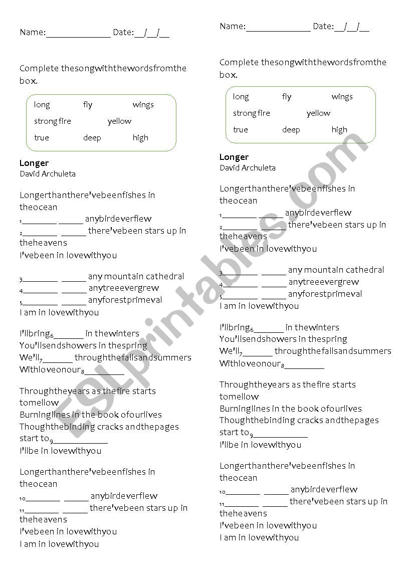 Longer - David Archuleta worksheet