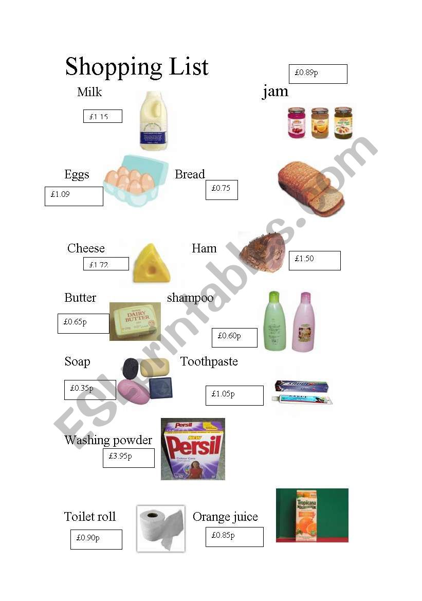 shopping worksheet