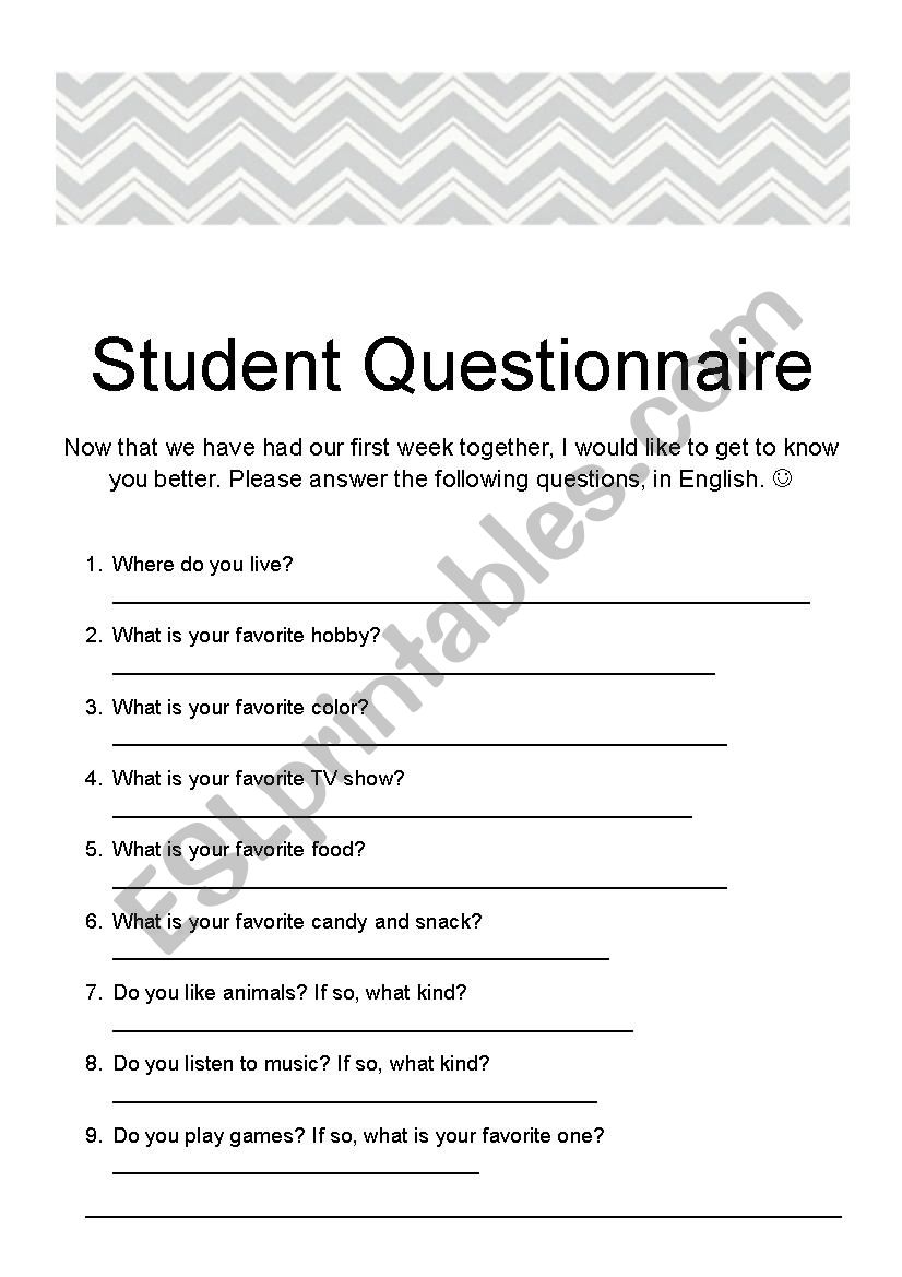 Student Questionnaire worksheet