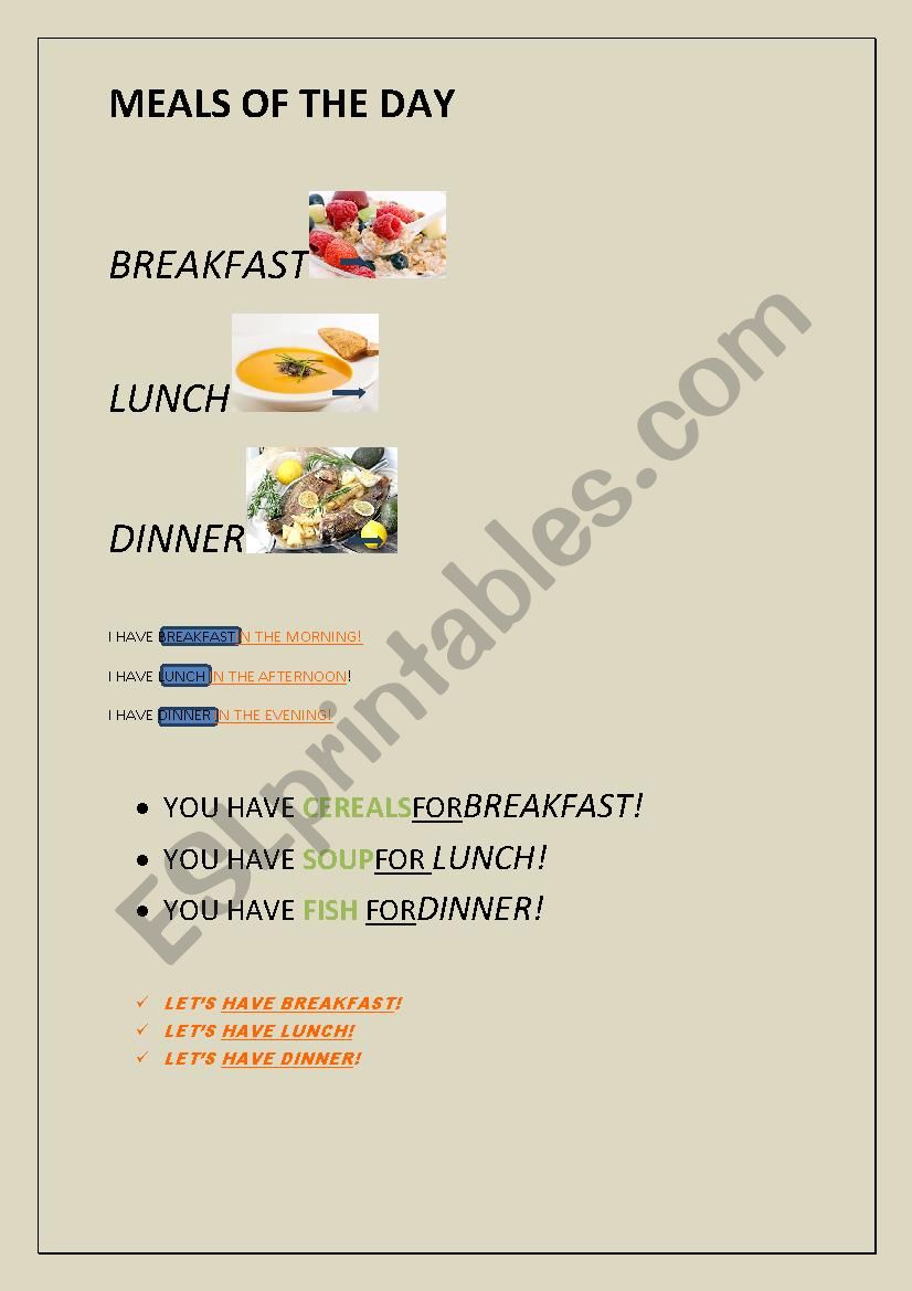 MEALS OF THE DAY worksheet