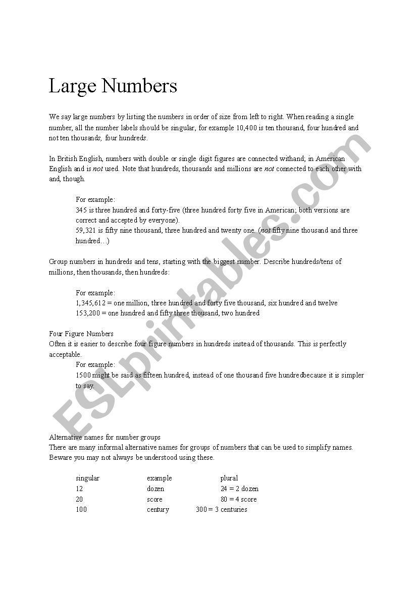 Large Numbers worksheet