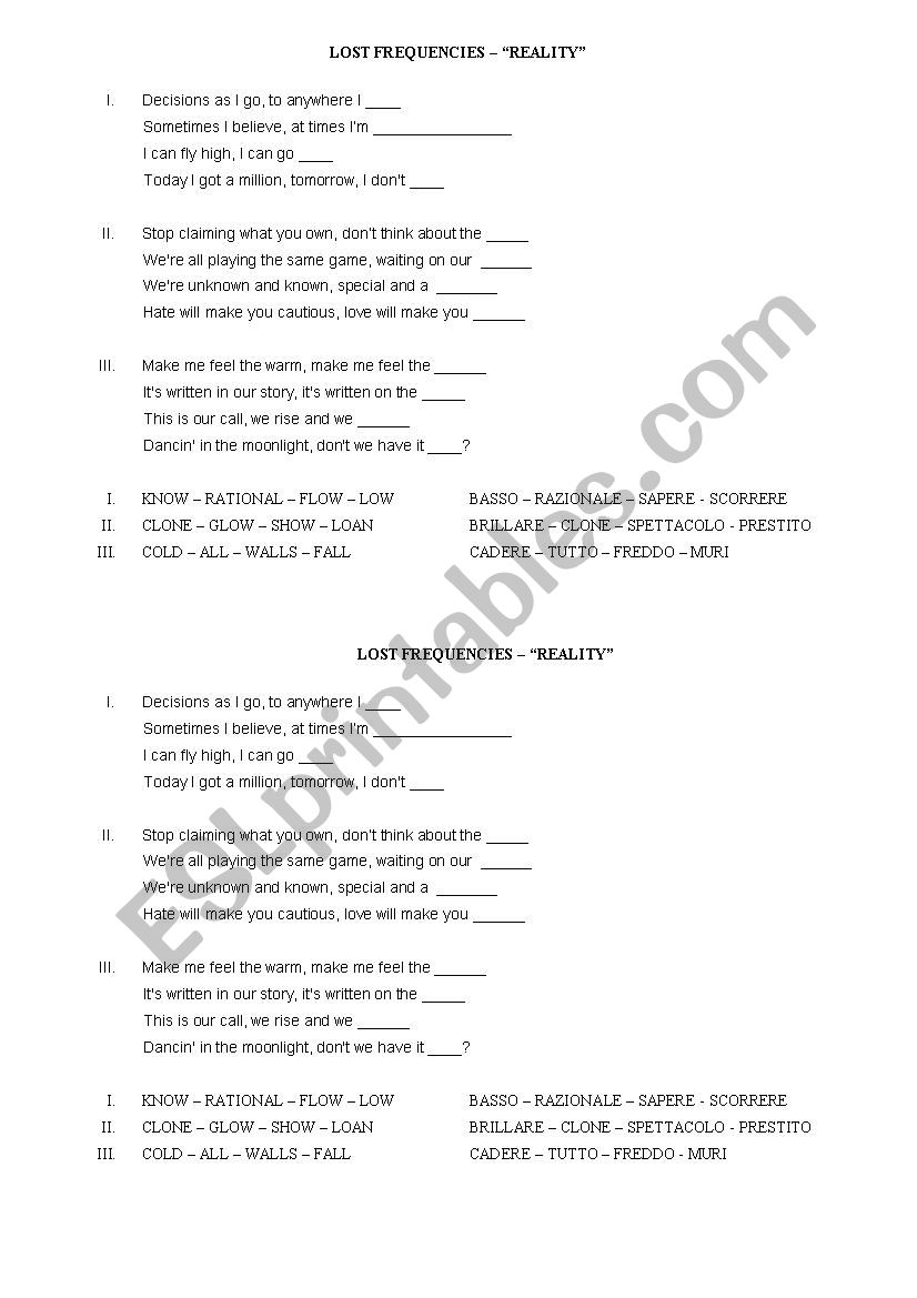 Reality - Lost Frequencies worksheet