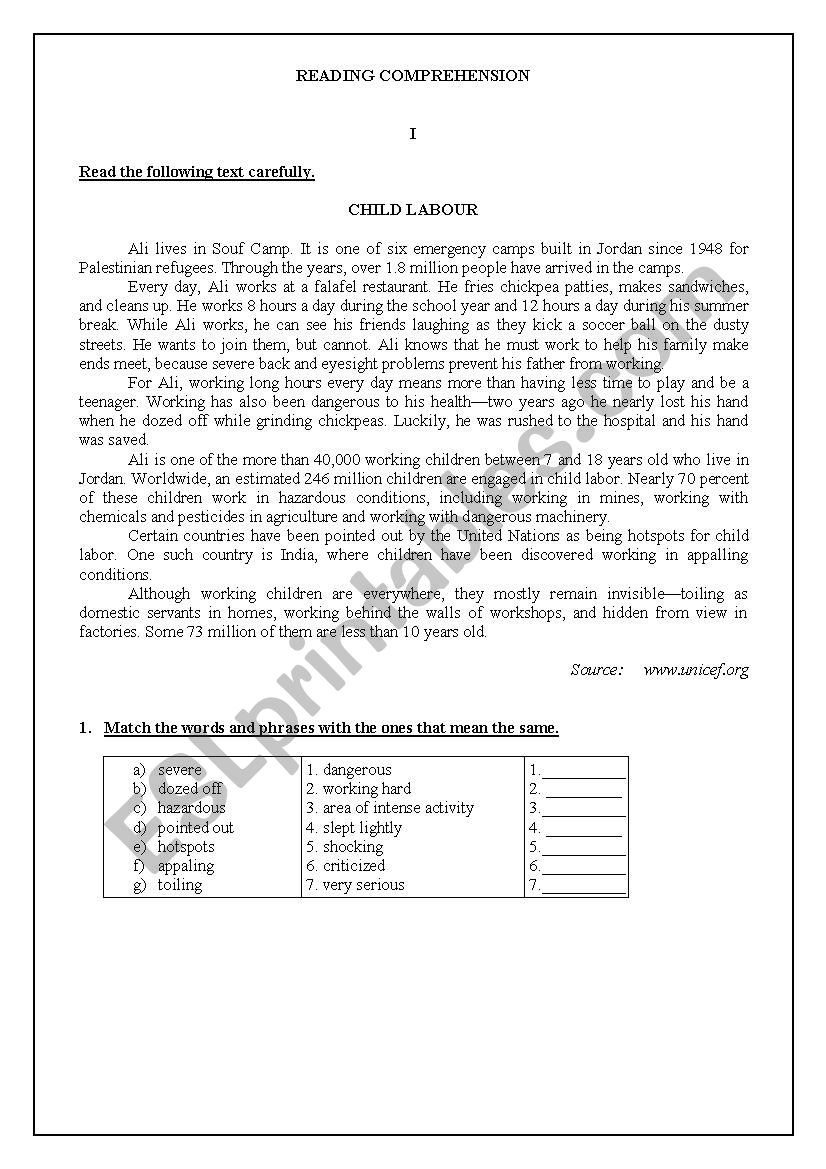 Child Labour worksheet