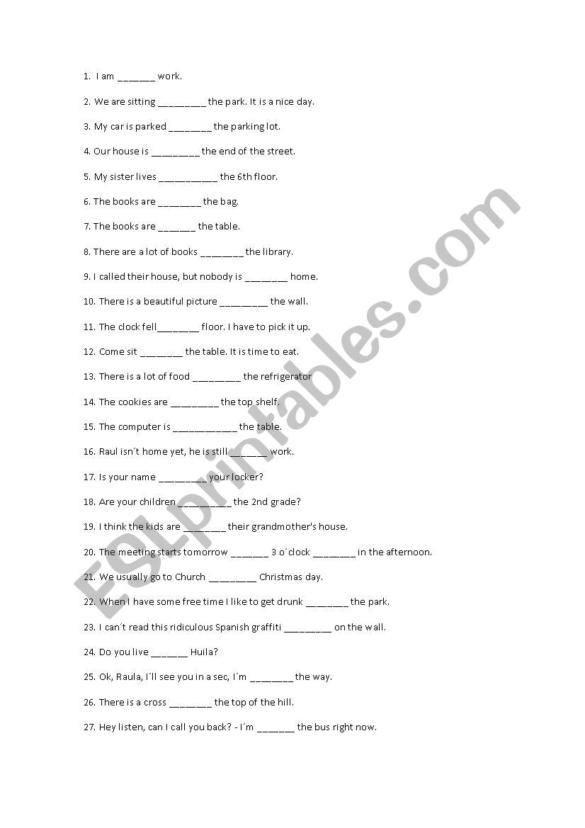 prepositions in on at worksheet