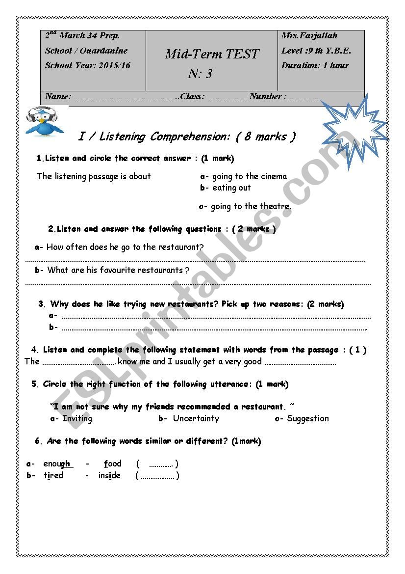 mid-term test 3 worksheet