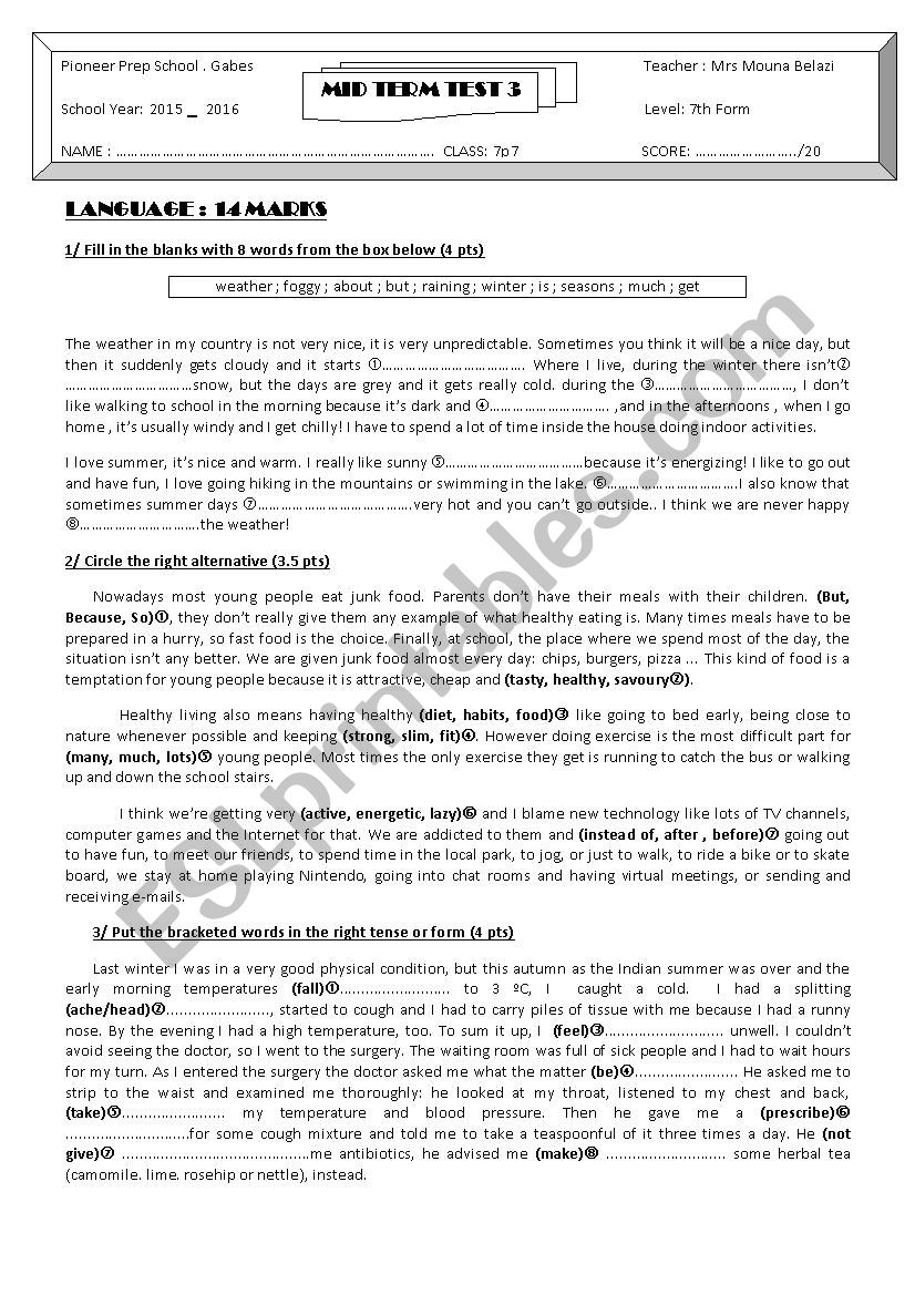 mid term test 3 7th form worksheet