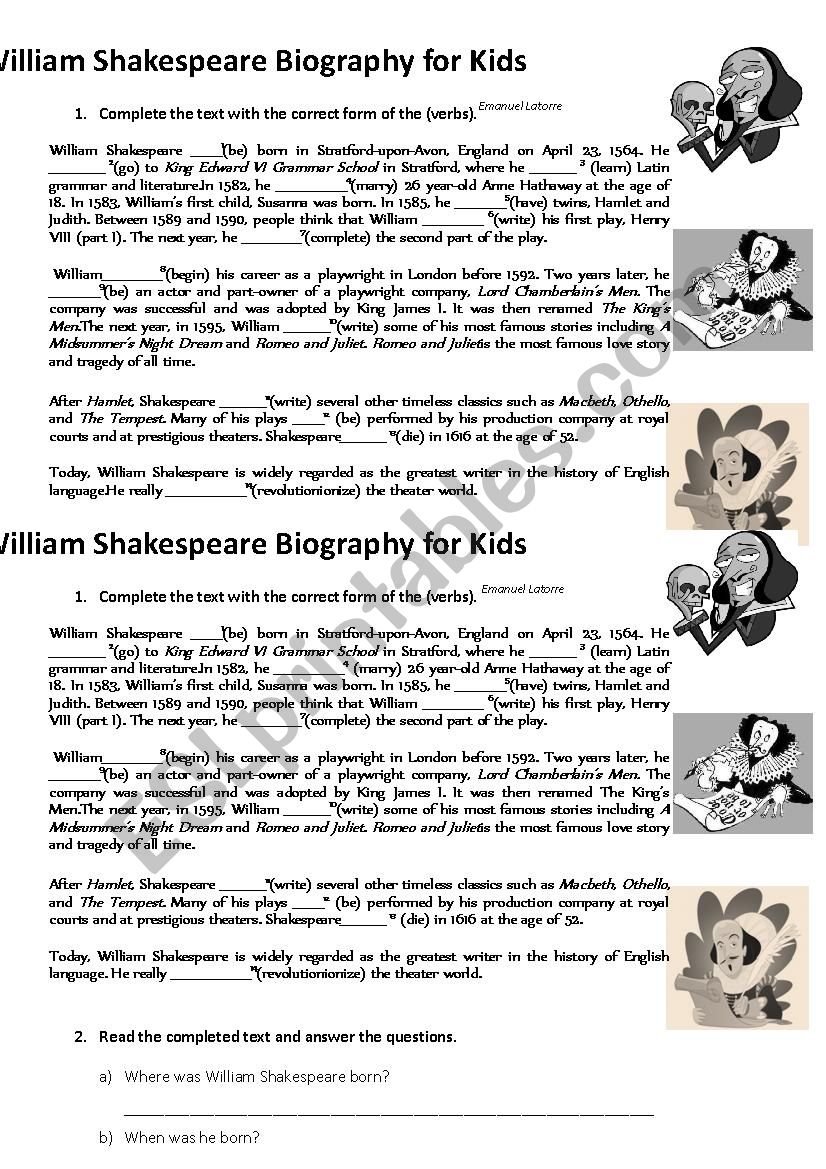 Shakespeare Biography worksheet
