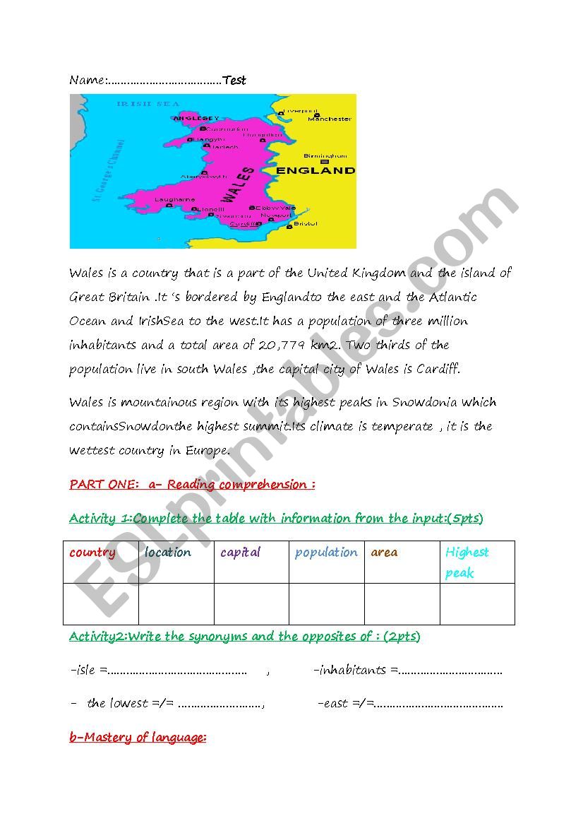 wales worksheet