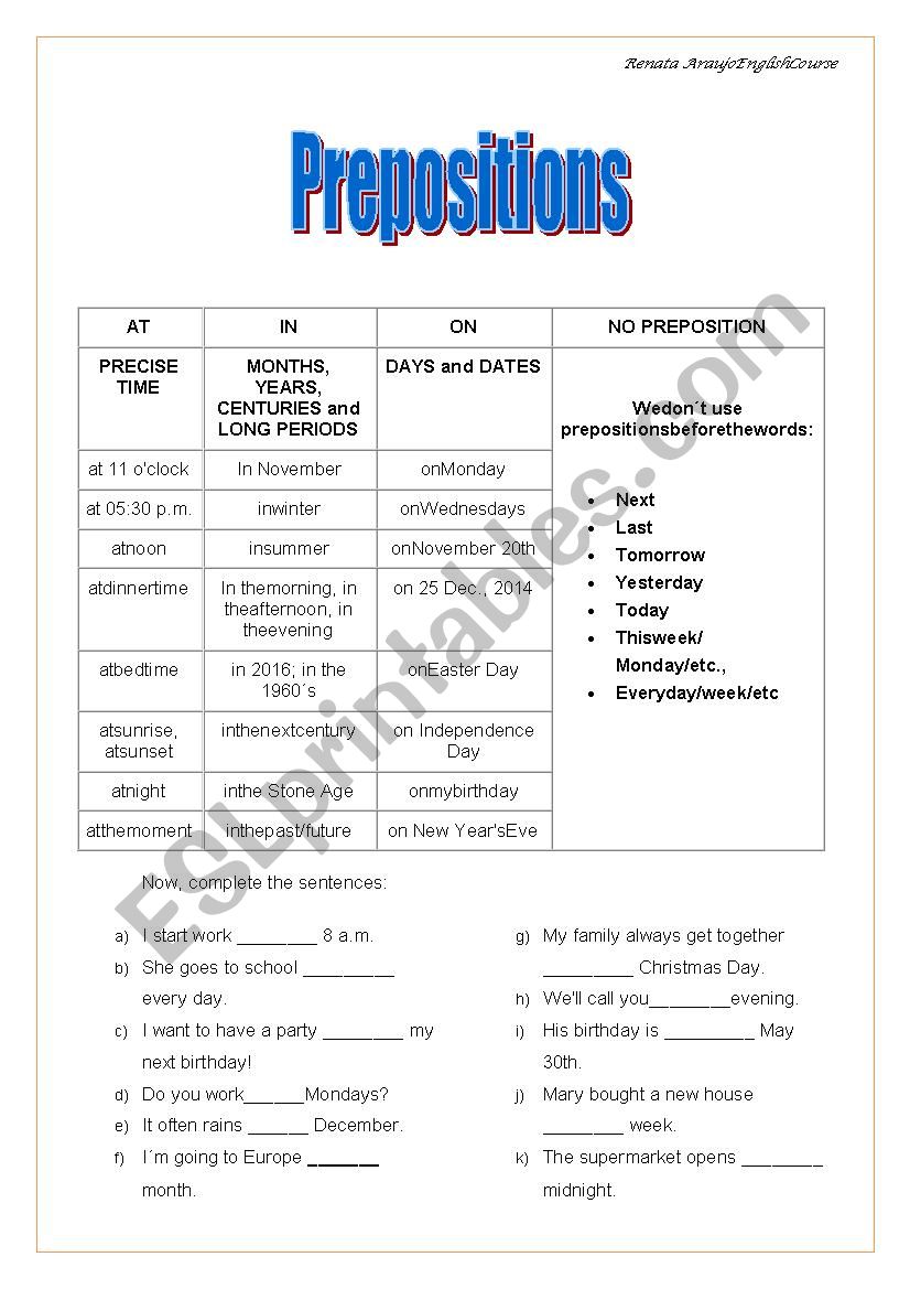 Prepositions of Time worksheet