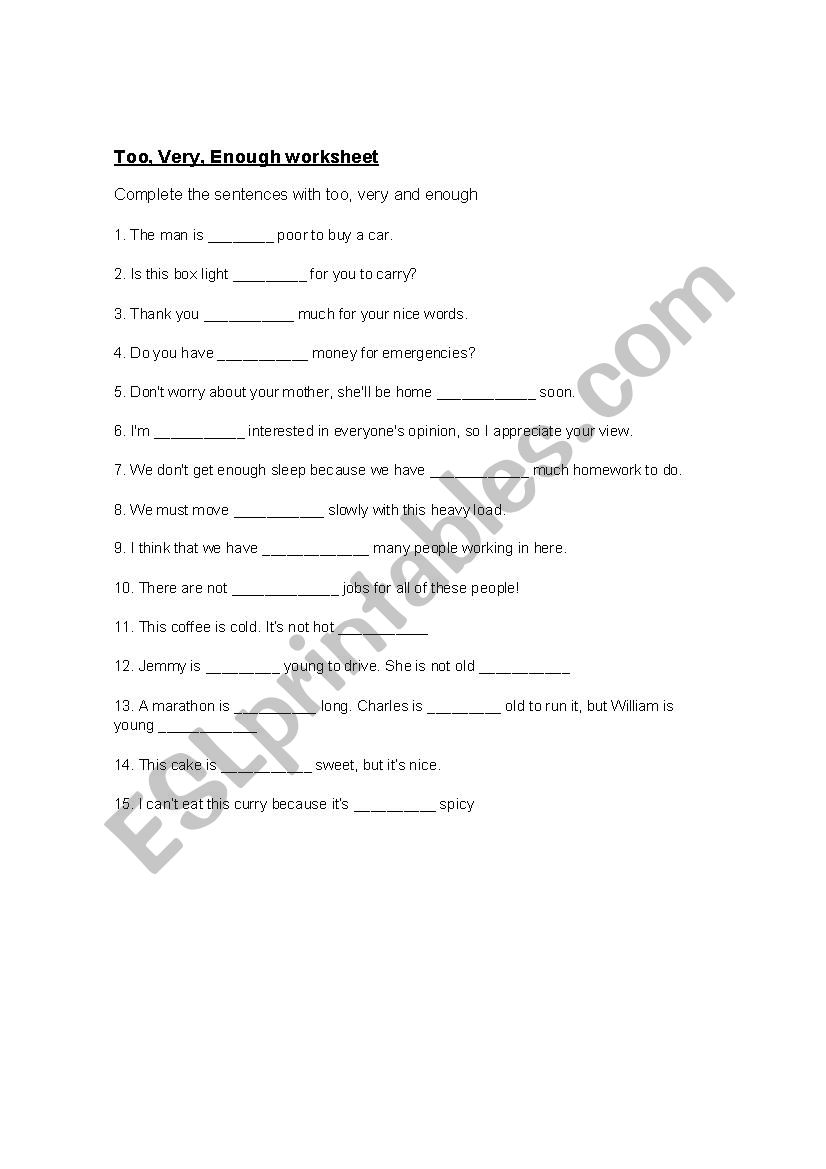 Very, Too and enough worksheet