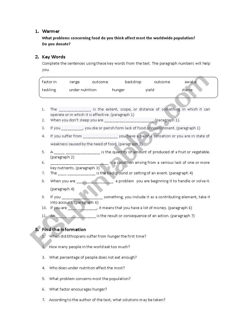 Reading comprehension on the Hunger topic