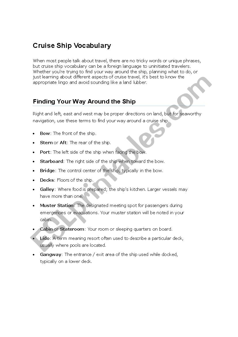 Cruise Ship Vocabulary worksheet