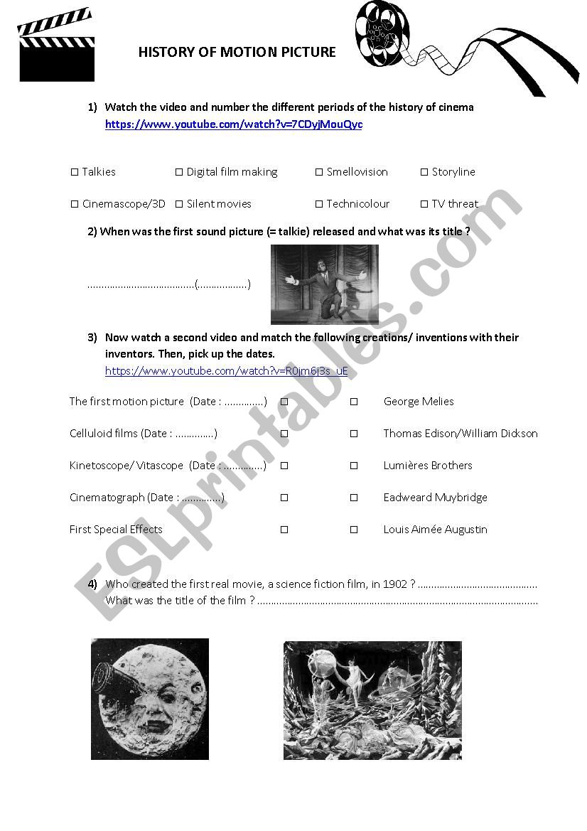 History of motion picture.  worksheet