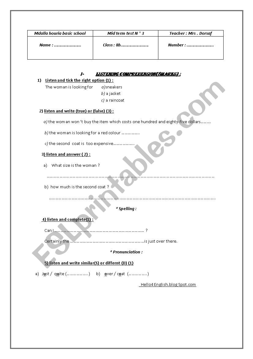 8th formexam n 3 worksheet