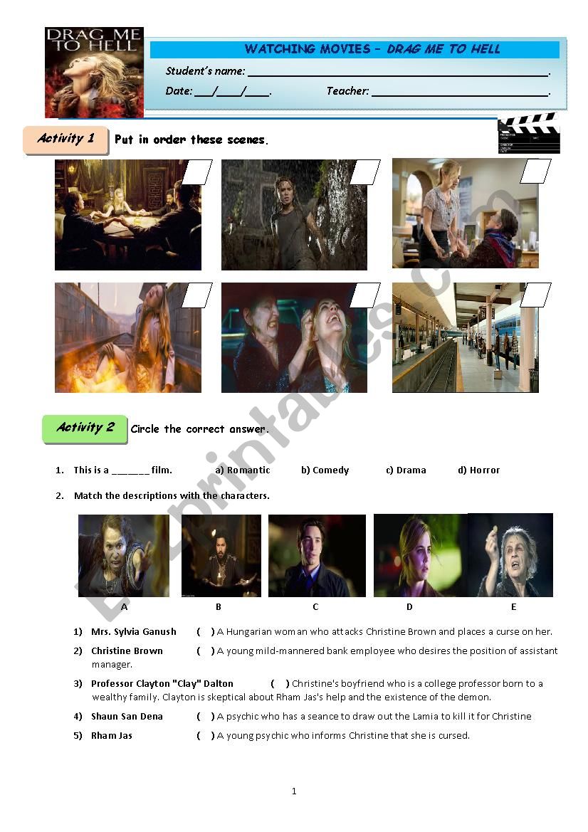 DRAG ME TO HELL worksheet