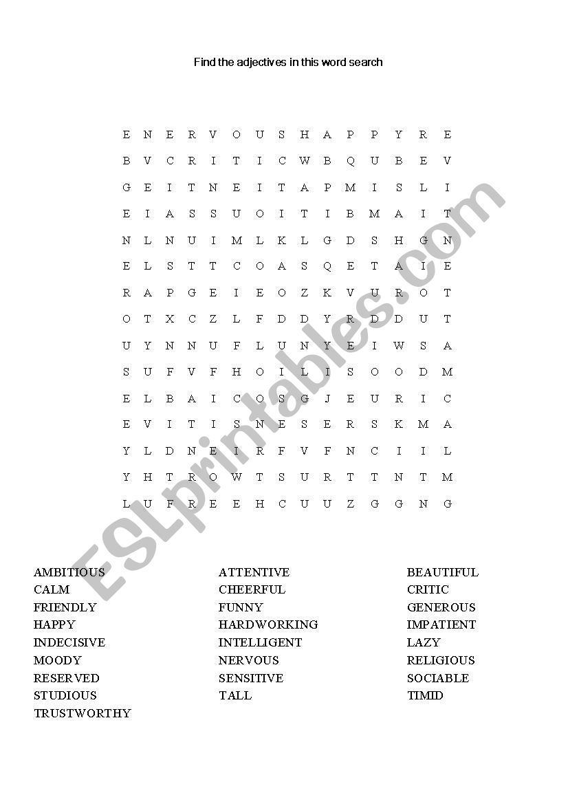 Adjectives word search worksheet