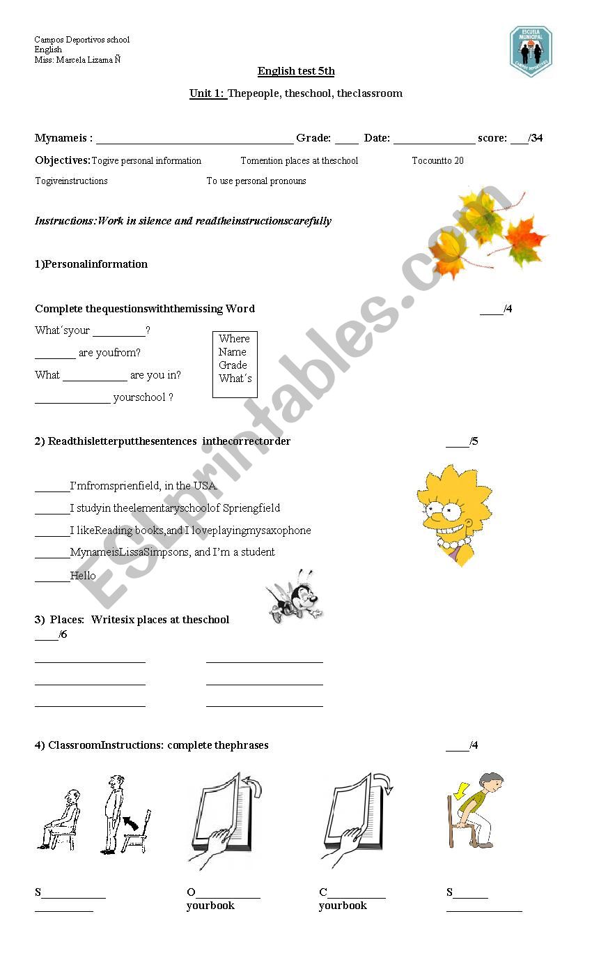 English test 5th grade  worksheet